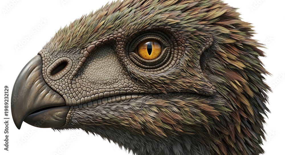 Fototapeta premium Close-up side profile of a prehistoric bird-like dinosaur head with feathers, a strong beak, and an intense yellow eye.