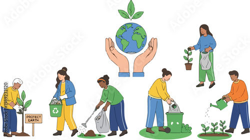 Eco-friendly community volunteers protecting earth, diverse people planting trees and recycling waste, environmental conservation vector set