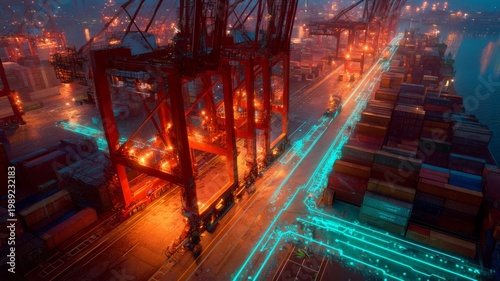 Futuristic port cranes in electric nightscape. Artificial intelligence image