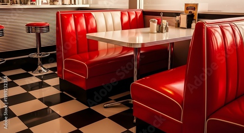 Retro Diner Booths With Red Vinyl Seating and Chrome Accents And Checkerboard Floor