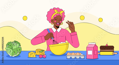 Modern flat vector illustration of a happy black woman baking in a kitchen, cheerful female chef whisking ingredients in a bowl, colorful culinary scene