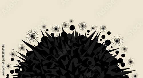 Abstract Black Spiky Sphere with Starburst Elements on Cream Background