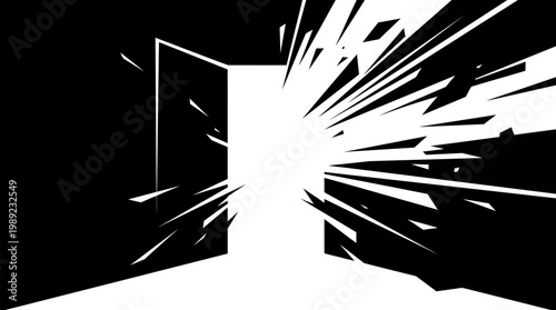 Doorway with powerful light burst and radiating lines, symbolizing breakthrough, new opportunities, and impactful change, in a dramatic black and white abstract vector illustration.