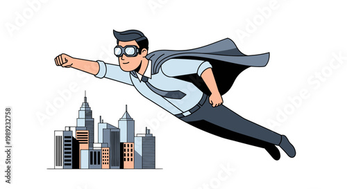 Superhero businessman flying over city skyline, business success concept