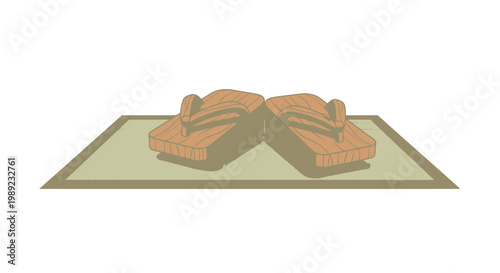 Traditional Japanese wooden Geta sandals on a tatami mat, isolated on white.
