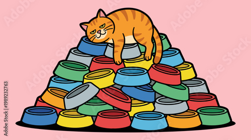 Orange cat, pet bowls resting on a colorful stack, symbolizing abundance and comfort, in cartoon vector art, isolated illustration.