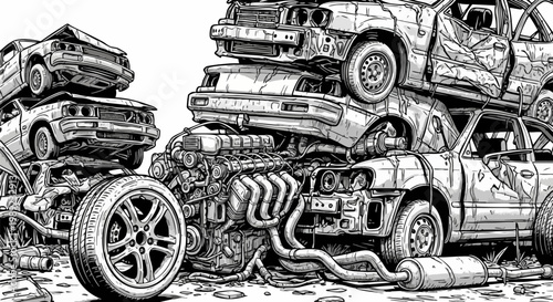 Junkyard car scrap heap vector illustration, black and white automotive wreckage pile, abandoned vehicle parts and engine components in a scrapyard