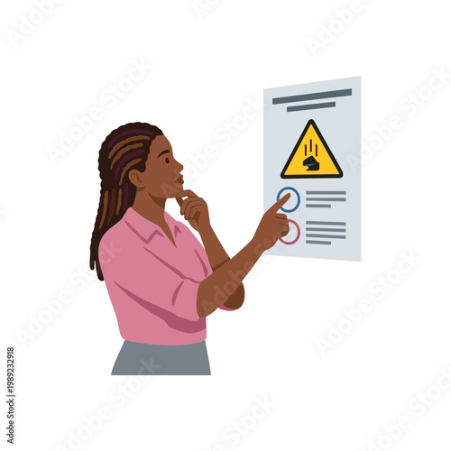 A woman examines a warning sign with a hazard symbol closely.