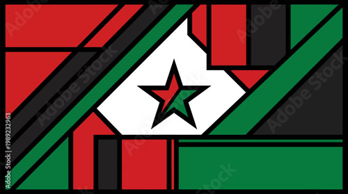Abstract geometric pattern with central star and dynamic interlocking polygons in Pan-African colors, depicting cultural unity in bold graphic vector art.
