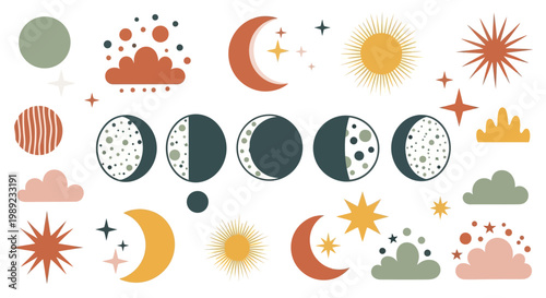 colorful celestial icons set with sun moon and clouds