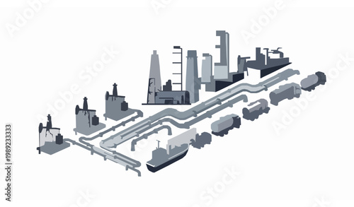 Oil industry vector set with extraction drilling refinery and transportation petroleum energy cycle illustration concept
