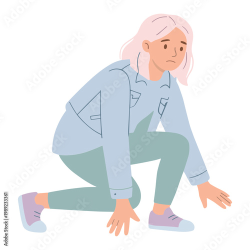 Woman crouches down in a dynamic pose on the ground floor indoors
