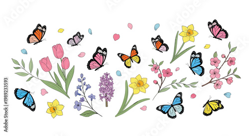 Colorful butterflies and flowers in a spring garden scene with petals