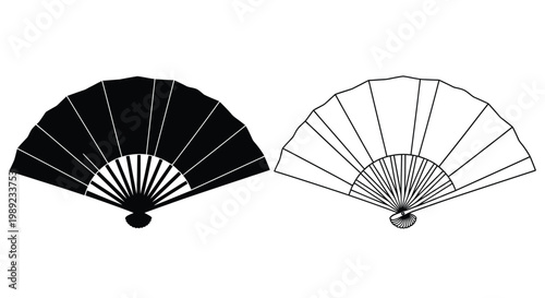 Two folding fans one dark and one light in a graphic silhouette