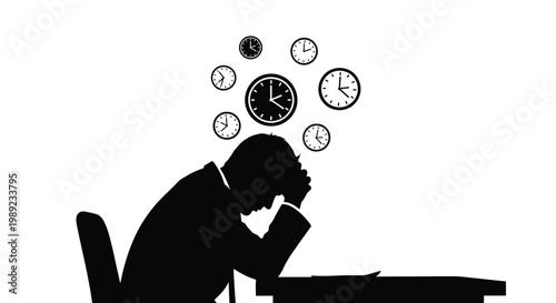 Businessman feeling stressed and overwhelmed with multiple clocks