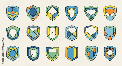 Set of Abstract Geometric Shield Icons and Heraldic Crest Shapes