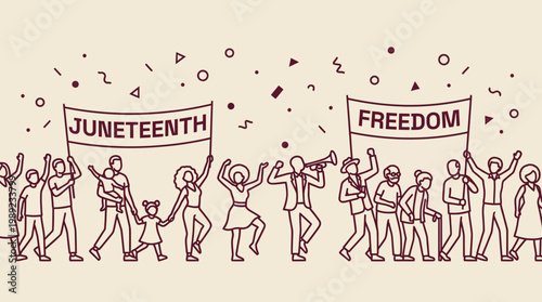 Diverse generational crowd marching, celebrating Juneteenth & Freedom with banners, fists, trumpeter, symbolizing unity, justice, liberation minimalist line art vector isolated.