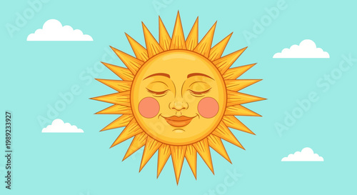 Cute Cartoon Sun with Smiling Face and Clouds in Blue Sky