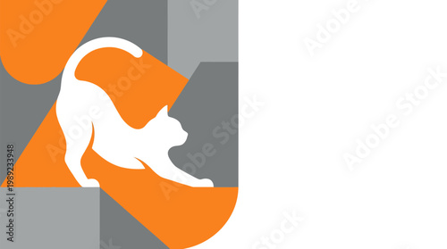 White cat stretching gracefully within abstract orange and gray geometric shapes, a minimalist flat vector illustration with ample copy space, symbolizing comfort and playful elegance.