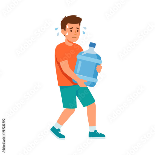 Man struggles to carry a large water bottle while walking outside feeling hot.