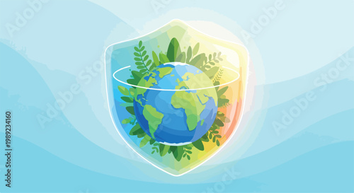 Environmental protection concept with earth globe inside shield, green leaves surrounding planet earth, eco friendly conservation vector illustration