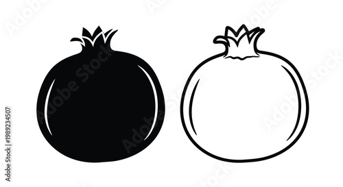 Two pomegranates one dark and one outlined in a graphic silhouette