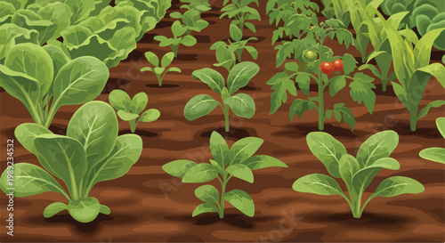 Organic vegetable garden illustration, fresh green seedlings growing in rich brown soil, sustainable farming and home gardening vector background