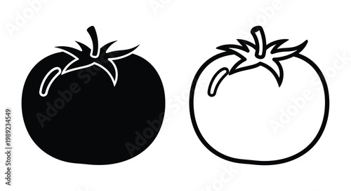 Two tomatoes one solid and one outlined in a simple silhouette