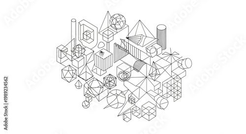 Abstract Geometric Composition with Isometric Wireframe Shapes