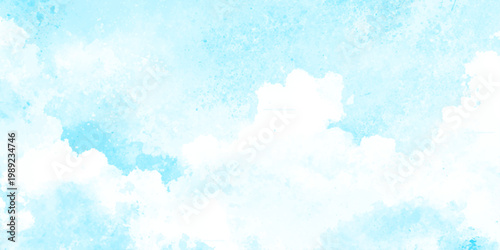 Soft watercolor blue cloudy sky background texture with white clouds for design and decoration