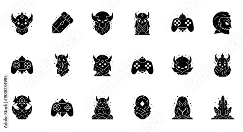 Set of Gaming and Fantasy Icons with Warrior and Controller Silhouettes