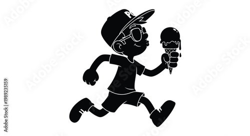 Boy wearing sunglasses happily runs while enjoying a melting ice cream cone treat outside