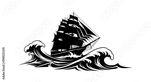 Sailing Ship in Rough Ocean Waves.