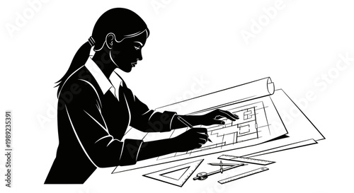 Woman working on architectural blueprint.