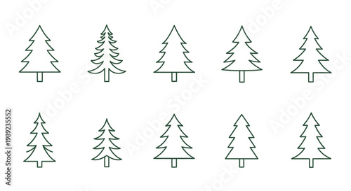 Various Pine Tree Line Drawings Isolated.