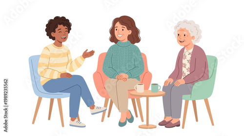 Three women sitting and talking together.