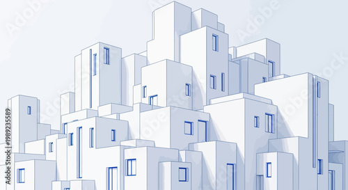 Abstract 3D Architectural Cityscape of Minimalist White Geometric Building Blocks