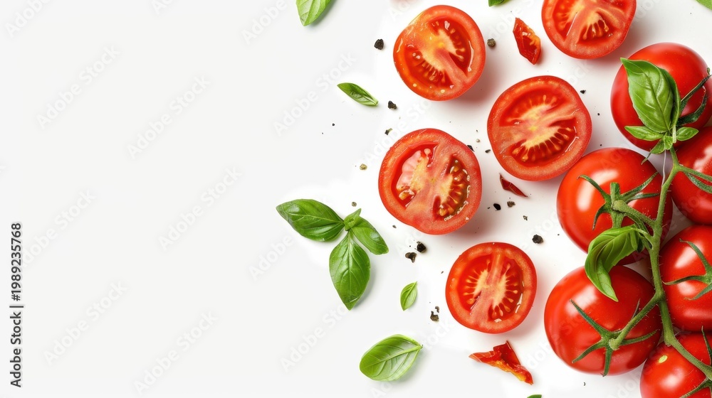 Naklejka premium Fresh Red Tomatoes and Green Basil Leaves on Clean White Background for Culinary and Food Photography
