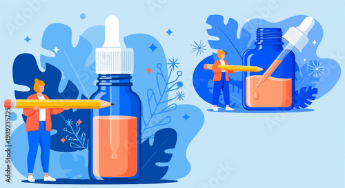 Businesswoman dreaming of tropical beach vacation at office desk, female employee imagining summer holiday travel, flat vector illustration