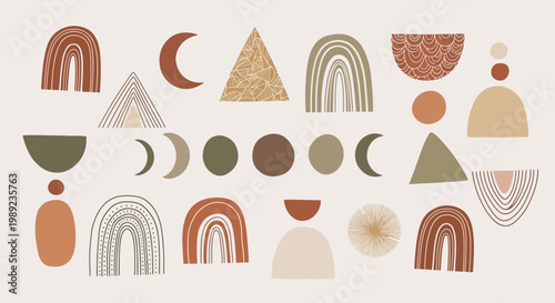 Boho Abstract Shapes Set with Rainbows Moons and Geometric Elements