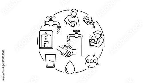 Faucet water dispenser thin line icons vector set with people pouring filling glass and hydration symbols in clean outline style