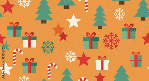 Seamless Christmas Pattern with Festive Icons on Orange Background