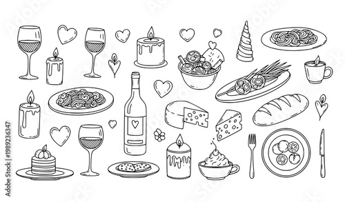 Assorted dining and culinary items illustrated in a simple line drawing style