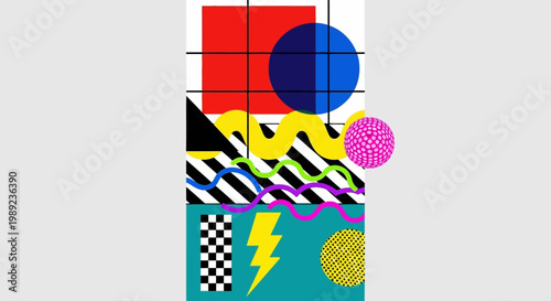 Abstract Memphis Style Geometric Design with Vibrant Shapes and Patterns