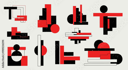 Abstract Geometric Shapes Composition with Black and Red Minimalist Elements