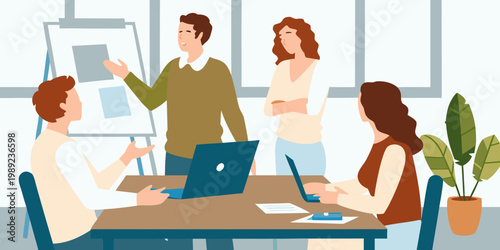 Team meeting in a modern office with presentation and laptop usage