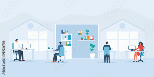 People working remotely from home offices in a connected neighborhood