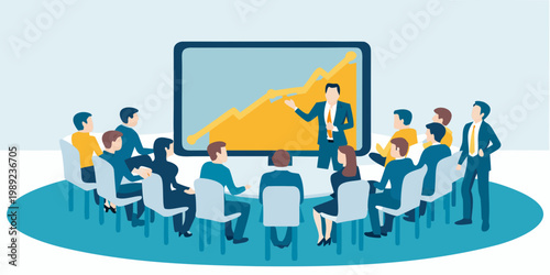 Business presentation with a speaker and attentive audience in a modern setting