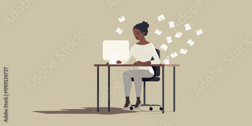 Woman overwhelmed with papers while working on a computer