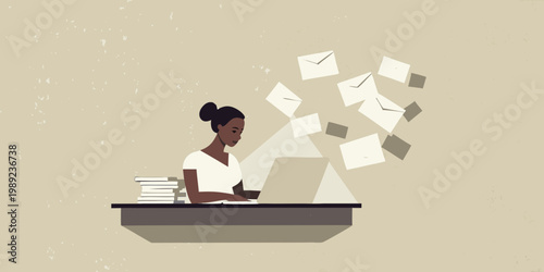 Overwhelmed woman working at a desk with flying papers and letters